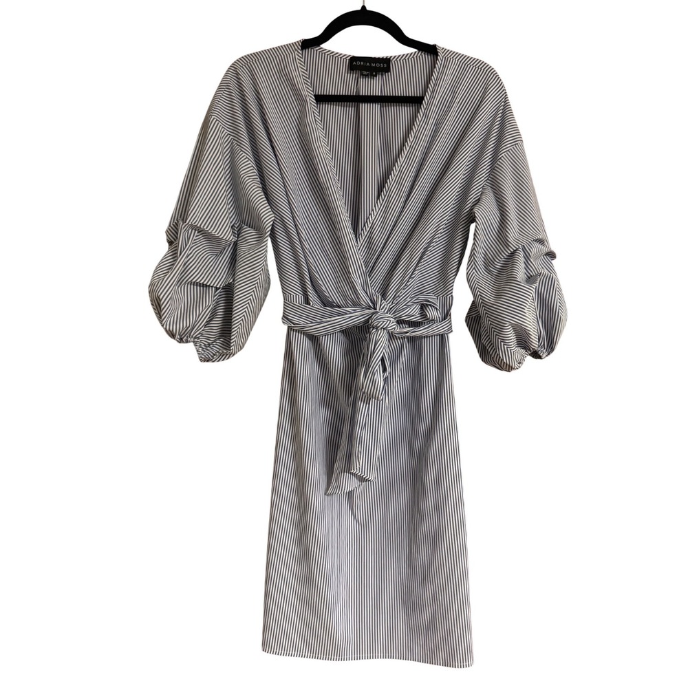 Adria Moss Blue White Striped Puff Sleeve Wrap Tie Waist Dress Size 8